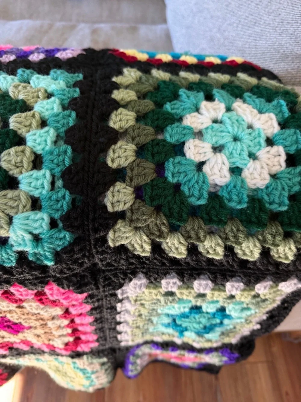 Handmade Vintage Style Black Trim Granny Square Afghan Roseanne Couch Blanket